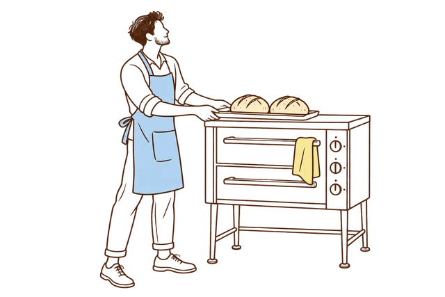 Illustration of a baker in an apron at a commercial oven with fresh loaves