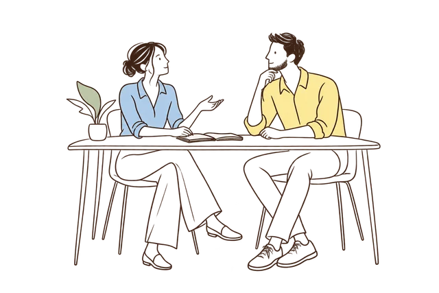Illustration of two business owners talking through plans at a table