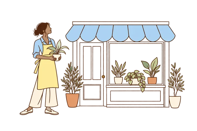 Illustration of a shop owner holding a potted plant outside a plant shop